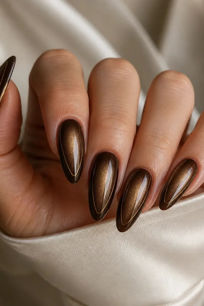 Smoked mocha brown cat-eye nails with a slightly smoky gradient; a thin gold halo outline frames the center vertical shimmer line on each nail.