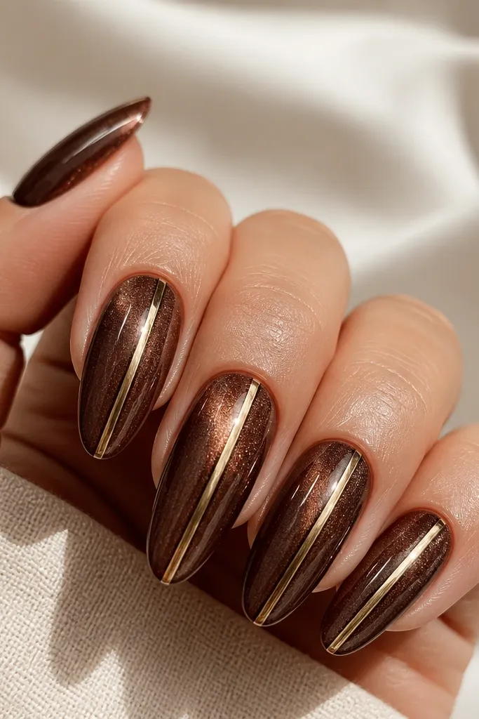 Cocoa brown cat-eye nails with a strong shimmer line; on each nail, one side has a gold chrome strip that is thin and straight, with a mirror shine.