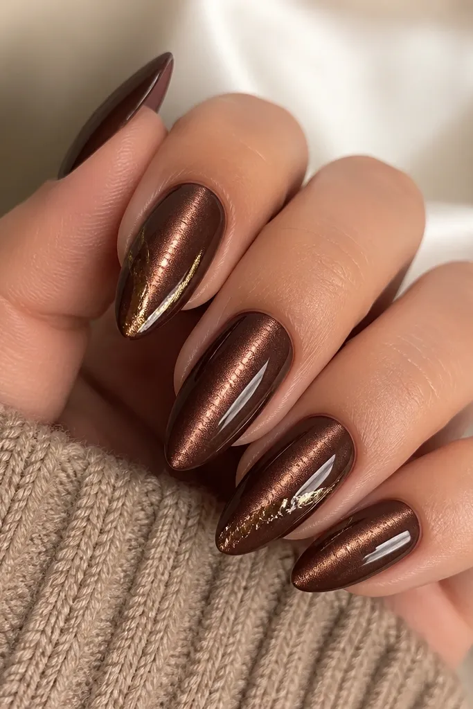 Chestnut brown cat-eye nails; the shimmer line is centered; one gold foil half-swoop curves from mid-nail toward the tip on alternating nails.