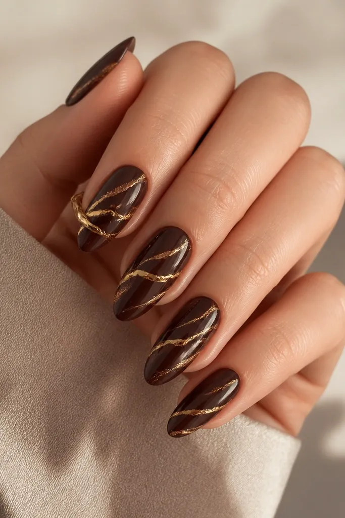 Coffee bean brown cat-eye nails; shimmer line is visible under a thin gold marble vein pattern that runs diagonally across the nail; glossy top coat.