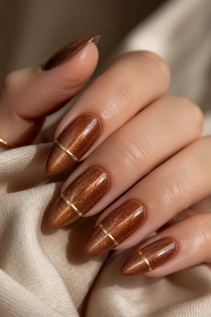 Golden brown cat-eye nails showing a slightly split dual shimmer line; on each nail there's a thin horizontal gold bar across the lower third, glossy finish.