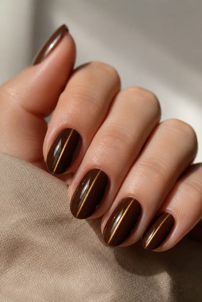 A set of short almond nails painted deep cocoa brown with a single bright gold vertical cat-eye line centered on each nail. The shimmer line is thin and sharp, with a glossy wet-look finish.