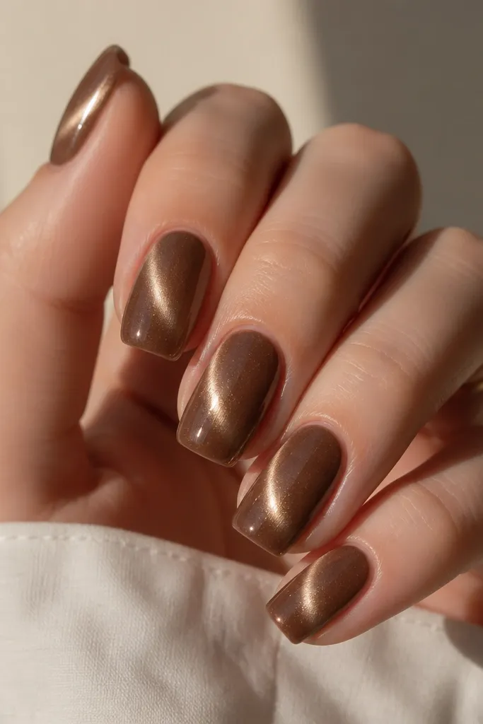 Medium squoval nails in a caramel brown base with a soft champagne cat-eye arc. The arc is slightly curved and not super thin, with a creamy glossy sheen.