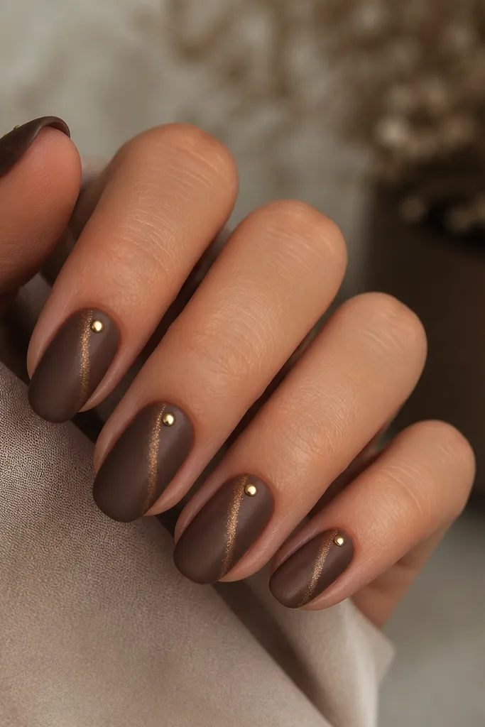 Nails are coated in a deep mocha brown matte finish. Each nail has a gold cat-eye line that's visible but muted, plus a tiny glossy gold dot near the cuticle area.