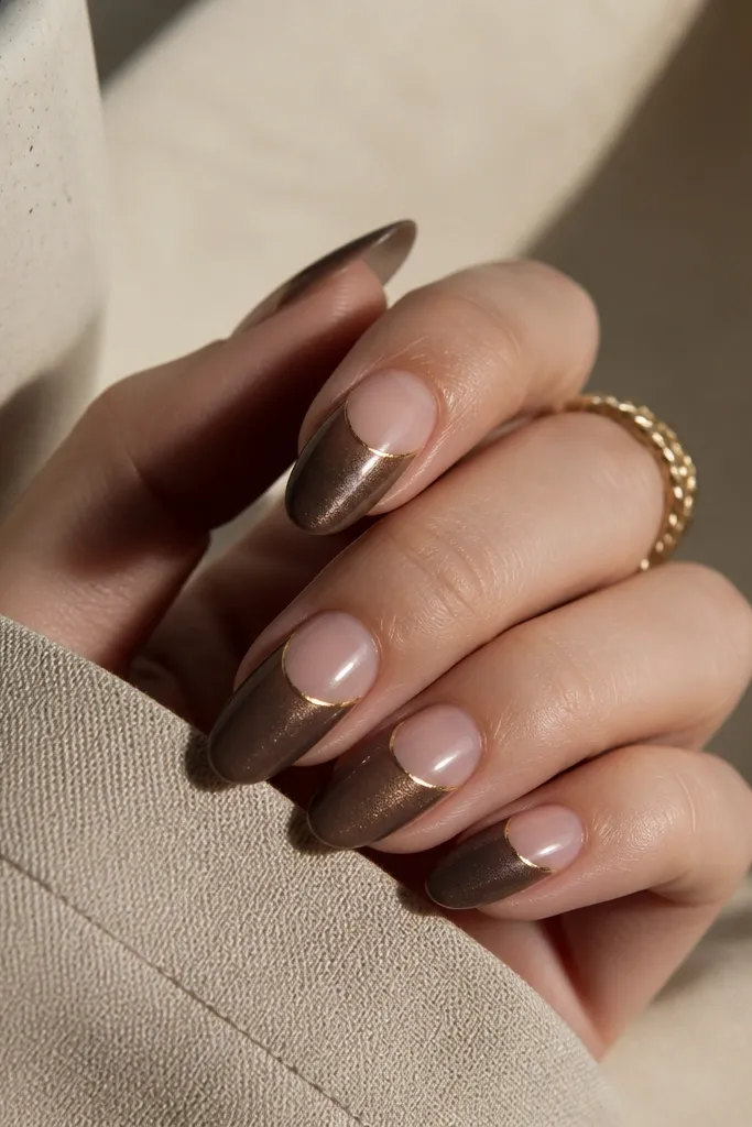 Almond nails where the lower half is hazelnut brown cat-eye shimmer with a gold eye line. The top half near the cuticle stays bare and nude, forming a half-moon negative space.