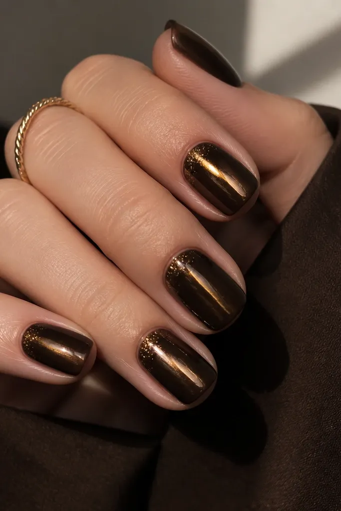 Short squoval nails in espresso brown, each with a centered gold cat-eye line. Near the cuticle and sidewalls are tiny irregular gold foil flecks, like glittering dust.