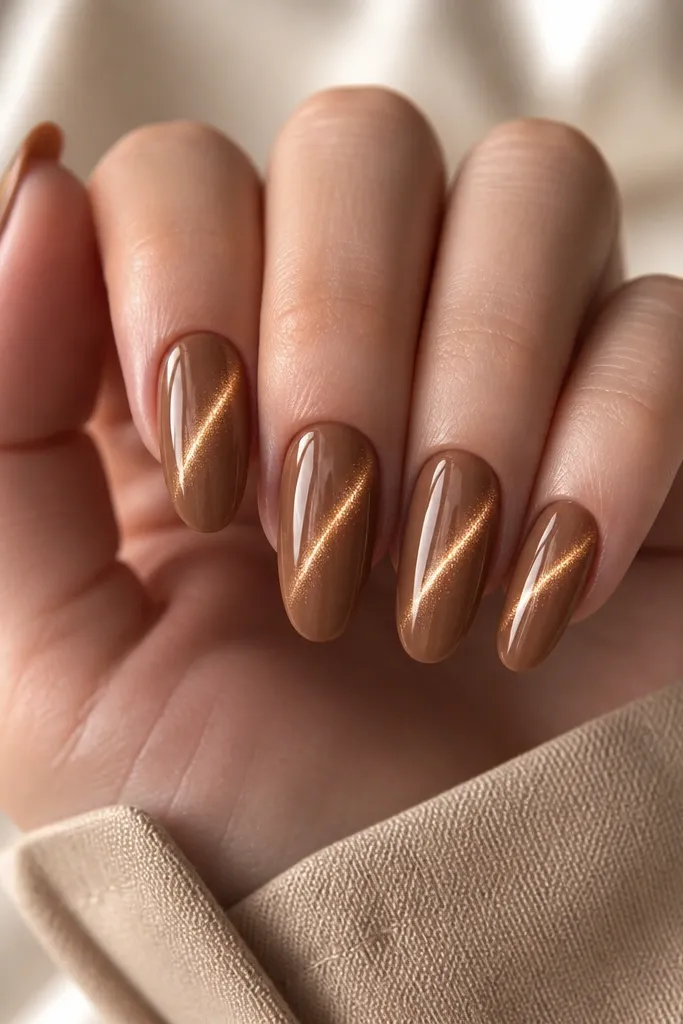 Medium almond nails with a caramel latte brown base. The cat-eye line runs diagonally from lower left toward upper right, bright gold and sharply defined.