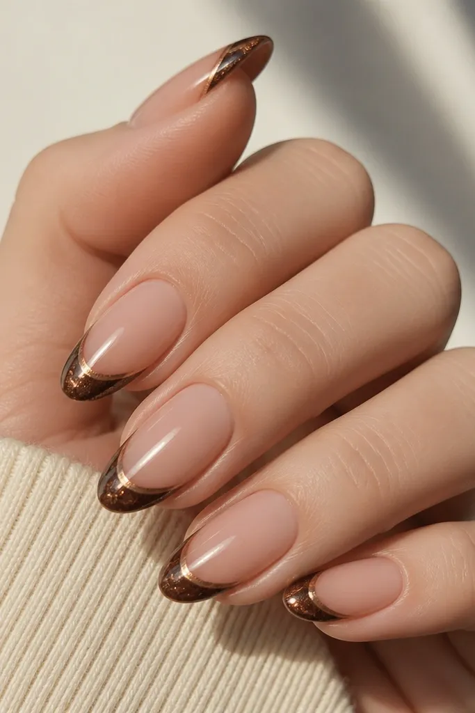 Nails with a nude base and a warm cocoa French tip. The French tip has a gold cat-eye line running through it, making the tip look dimensional.