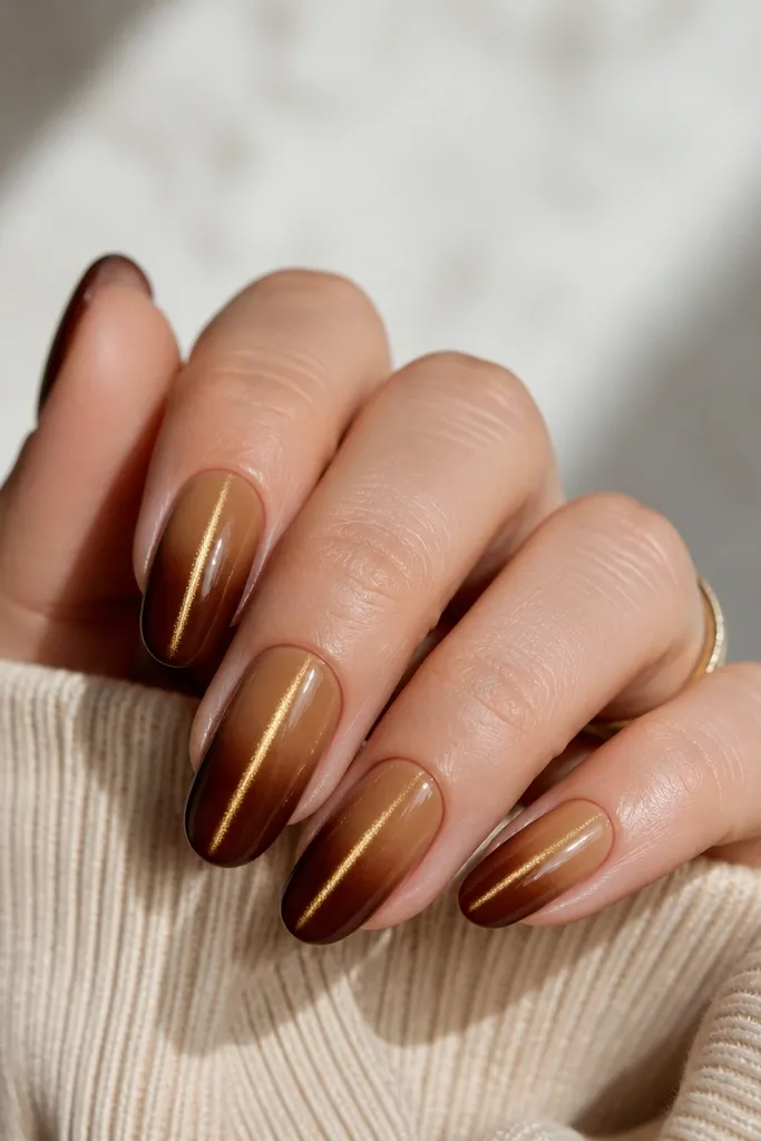 Nails show a gradient from lighter caramel at the cuticle to deeper chocolate at the tip. A gold cat-eye line runs down the center from base to tip, glowing brighter near the middle.
