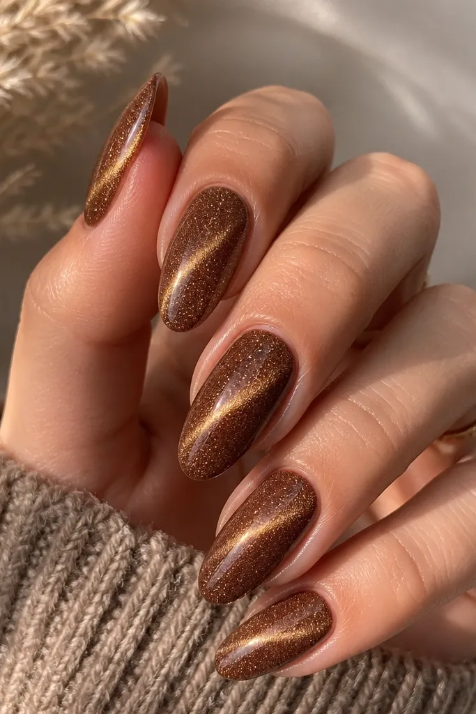 Toffee brown nails with a gold cat-eye line. Over the whole nail there's a fine gold micro-glitter veil that looks like a soft sparkle mist.