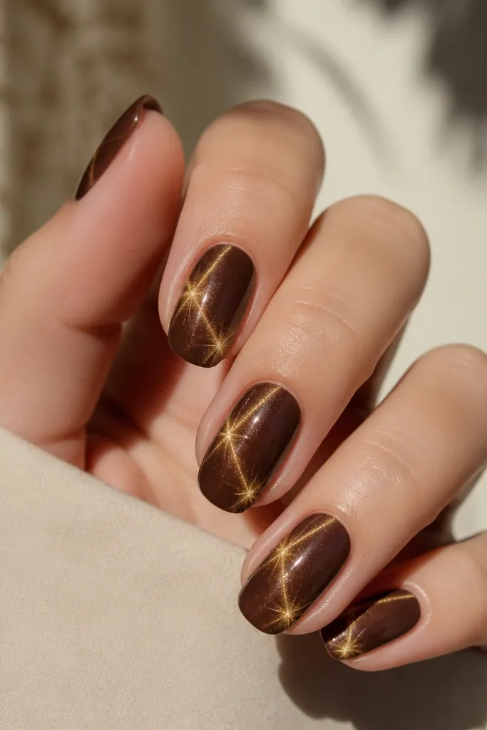 Nails are cocoa brown with gold cat-eye lines. At each side edge near the free border, there's a faint starburst shimmer radiating outward, like a soft halo.