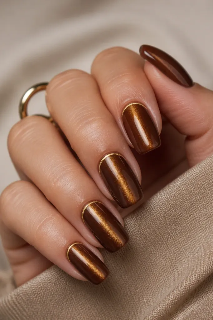 Medium squoval nails in warm brown base with gold cat-eye line centered. A thin gold outline follows the cuticle curve on each nail, like a fine crescent frame.