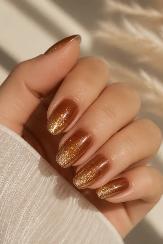 Nails in spiced caramel brown that fades into a stronger gold shimmer toward the free edge. The cat-eye line starts softer near the cuticle and intensifies near the tip.