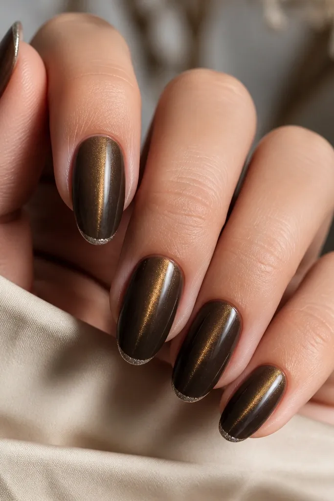 Nails are smoky umber brown with a gold cat-eye line. The free edge has a very thin silver shimmer band, like a dipped tip.