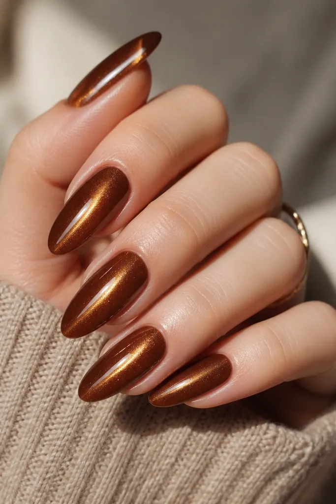 Long almond nails painted toasted chestnut brown. The gold cat-eye line is pulled slightly to one side and runs diagonally down the nail, with a bright highlight near the middle.