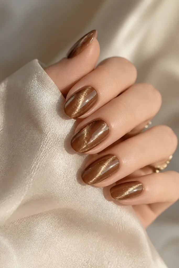 Nails are maple brown with a gold cat-eye line. Faint marble swirls in darker brown run around the eye line, subtle and smoky.