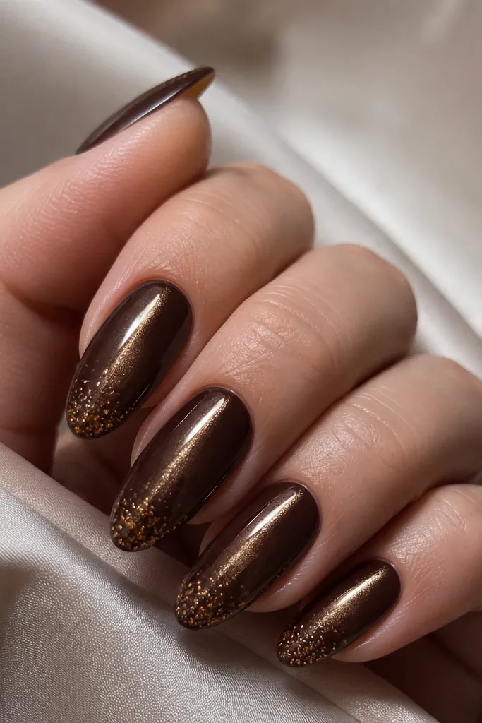 Deep walnut brown nails with a centered gold cat-eye line. The tips have scattered gold speckles concentrated near the free edge.