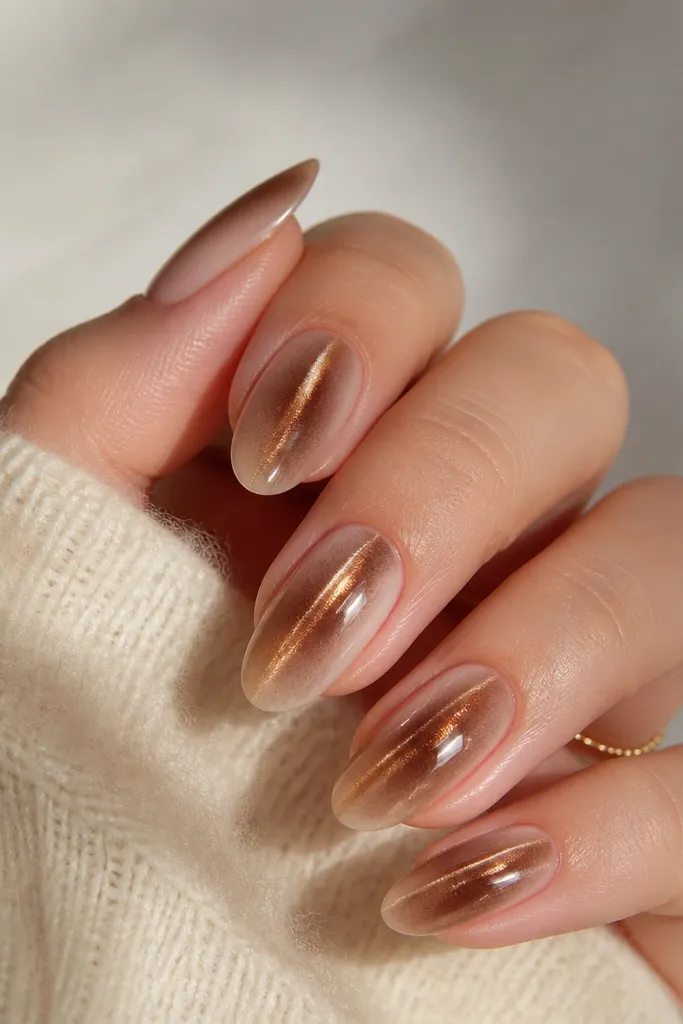 Nails have a pearlized nude base. The carob brown cat-eye effect sits in the center with a gold line, leaving the sides more nude and softly glowing.