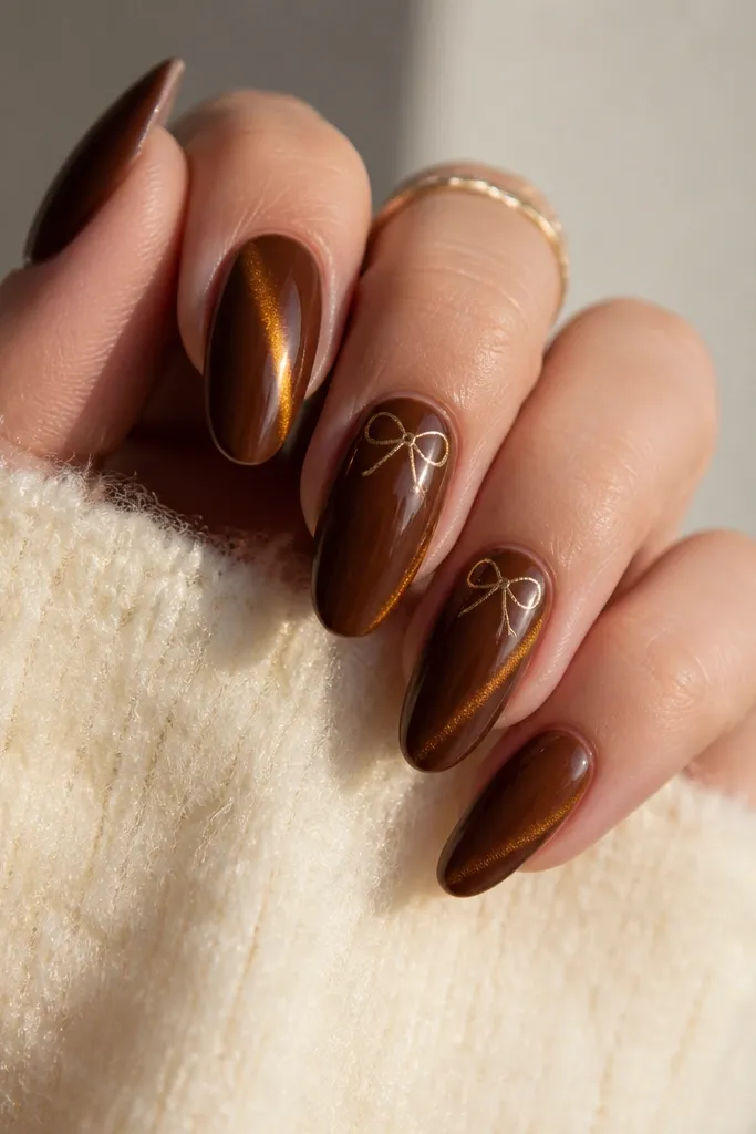 Nails are gingerbread brown with gold cat-eye lines. On two accent nails, there's a tiny gold bow outlined near the cuticle area.