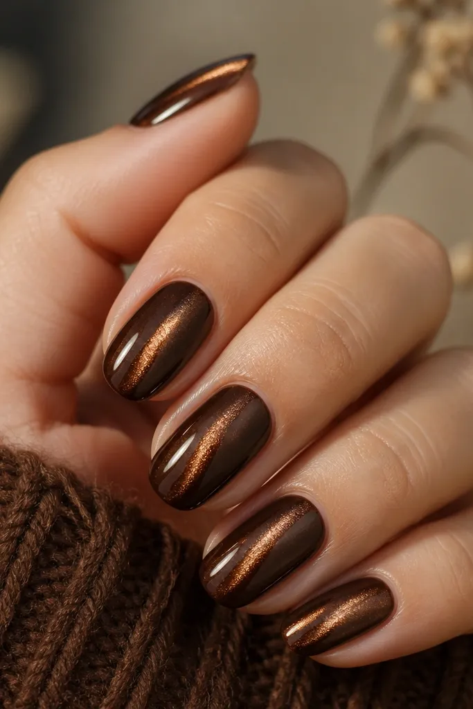 Chocolate brown nails with a gold cat-eye line in the center. A second, softer copper shimmer line runs just to one side, creating a dual-tone cat eye effect.