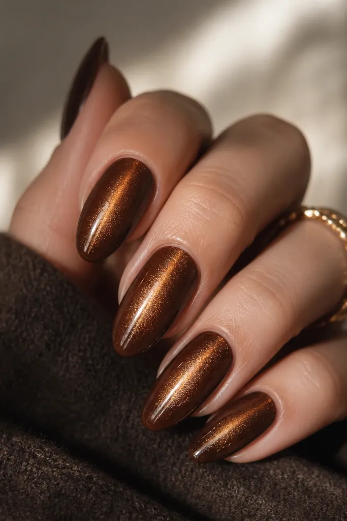 Smoldering umber brown nails with a centered gold cat-eye line. Around the mid-nail area, there's a burnished gold halo shimmer that fades outward.