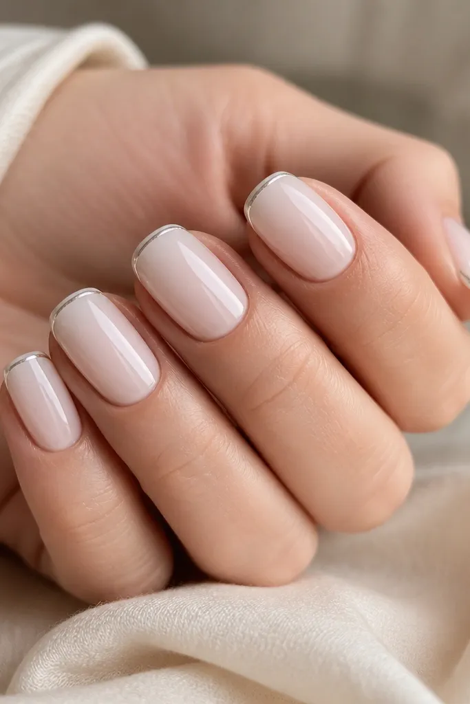 Five nails shown on a light skin hand. The nails have a milky white gradient that is stronger near the cuticle and fades toward the free edge. A thin silver chrome line sits near the tips like a shimmer border, with a glossy finish.