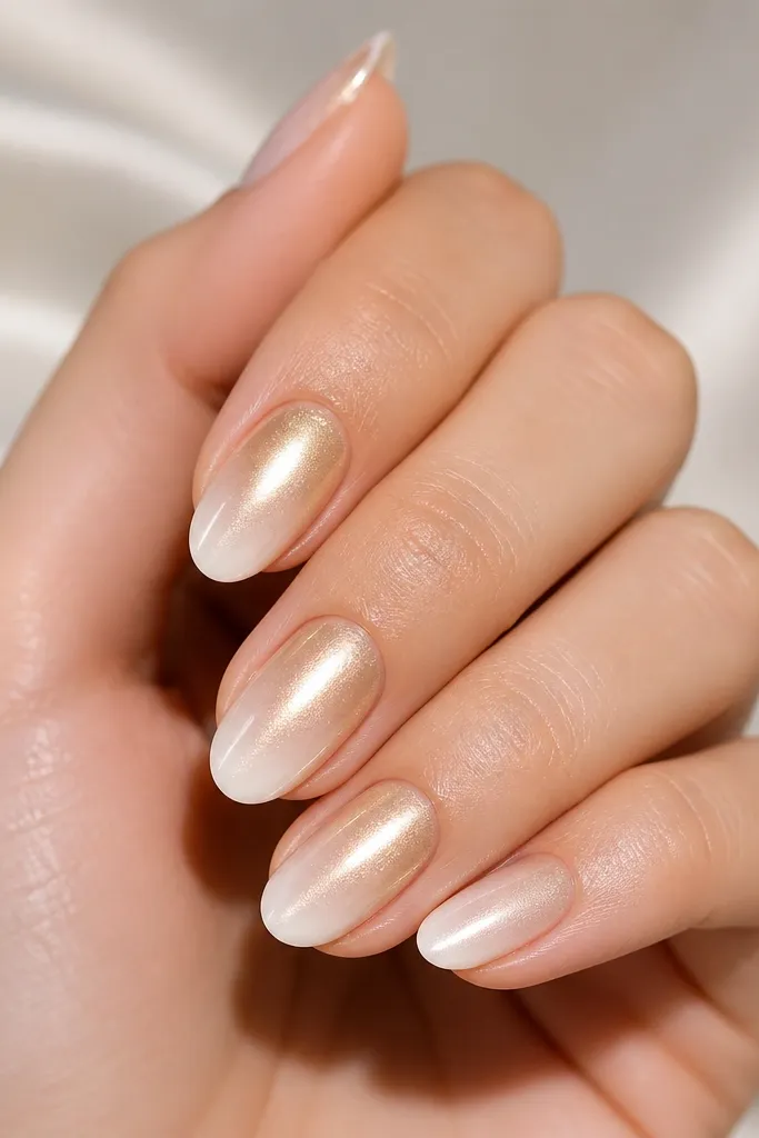 A hand with five nails where the base looks pearly and warm. The ombre fades from a creamy pearl near the cuticle to a translucent white at the tip. A champagne-gold chrome haze covers the upper half and fades softly toward the free edge, glossy and smooth.