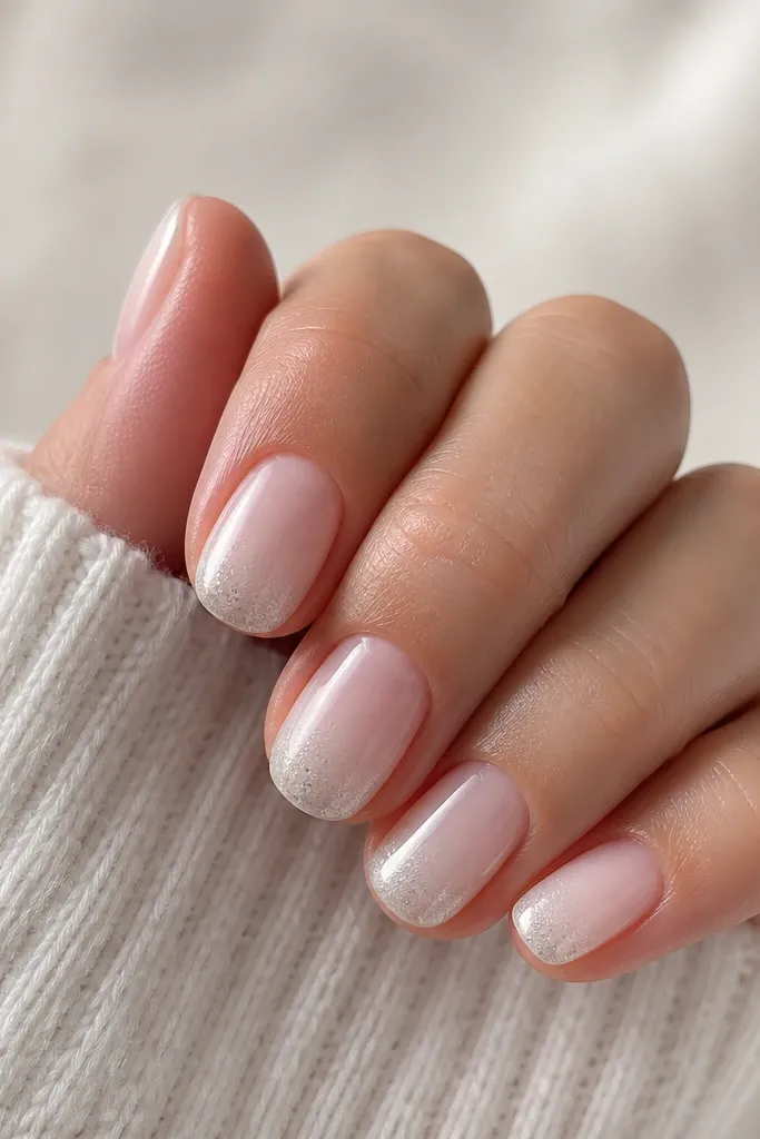 Five short nails with a white-to-clear gradient. The center of each nail is translucent near the tip, and a fine micro-frost chrome sits right on the free edge like dusting. The finish is glossy with a soft frosted sparkle.