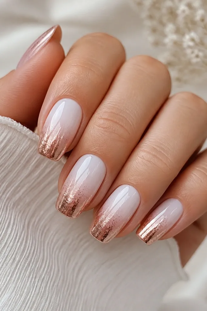 Medium-length nails with a stronger icy white at the cuticle fading into a pale pinkish-white at the tips. Rose gold chrome fades diagonally across the nails, strongest near the tip and fading toward the center. High-gloss finish.