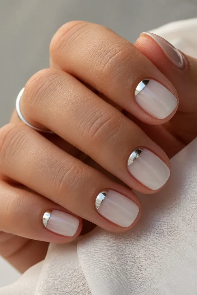 Short nails with a milky white ombre that fades toward the tips. A silver chrome half-moon sits near the cuticle on each nail, with the rest of the nail matte-glossy. The overall finish is glossy.