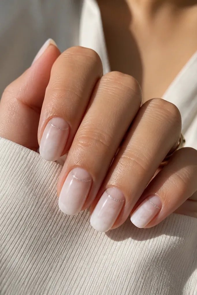 Medium nails with a cloud-like white ombre. The top third has a frosted chrome topline that looks like a thin shimmering stripe across each nail, not full coverage. Glossy topcoat makes it look smooth.