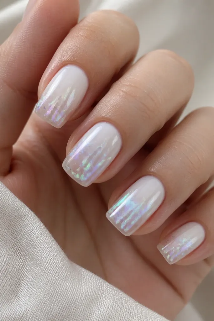 Nails with a milky white ombre fading to clear at the tips. Tiny specks and small swirls of iridescent chrome scatter across the middle and near the free edge. The nails look glossy and lively.
