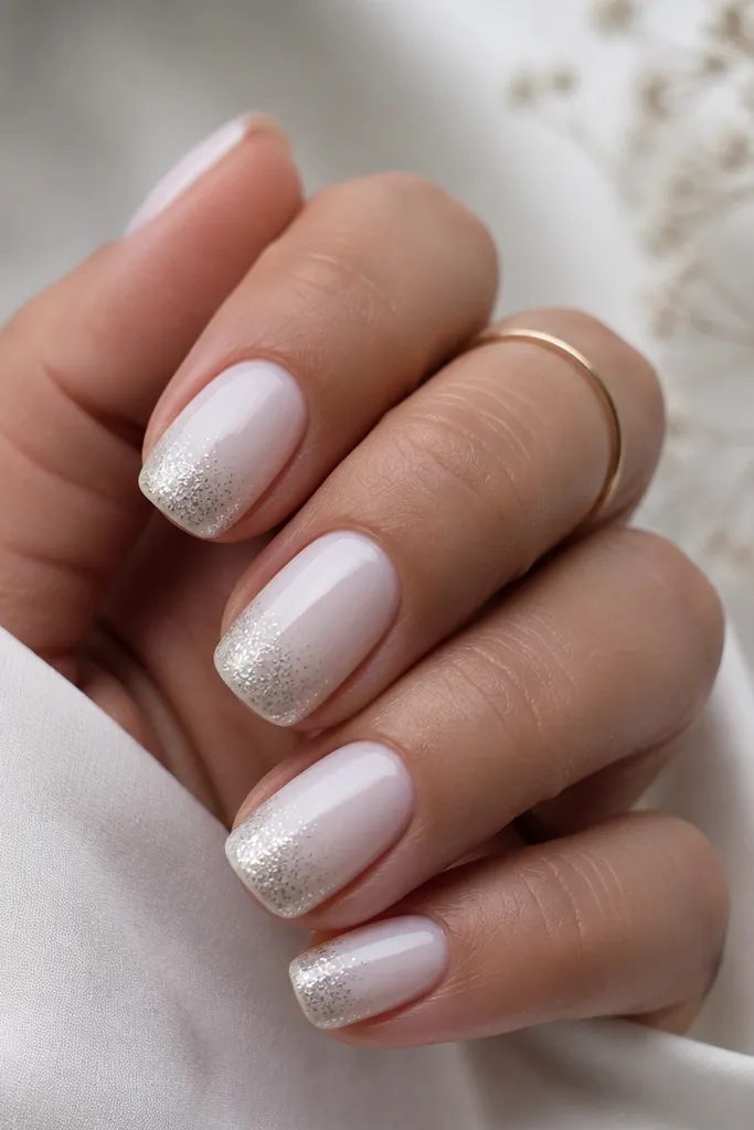 Short to medium nails with a pearly white ombre. Near the tip, silver chrome is applied as small stipples that look like a gentle spray pattern rather than a line. Glossy finish.
