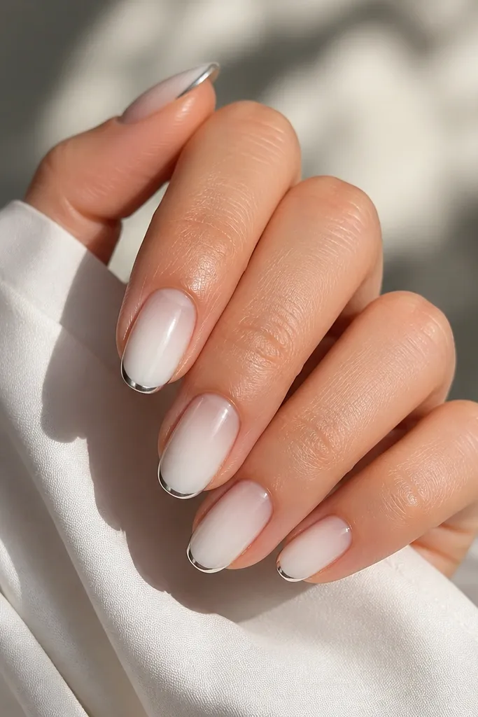 Medium nails with a milky white ombre. A soft gray shadow appears very faintly around the edges as the gradient fades. A thin chrome edge runs along the free tip, reflective but narrow.