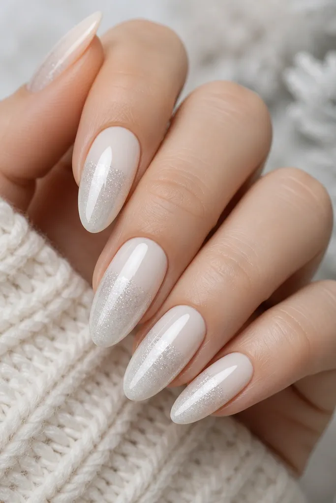 Almond nails with a winter white ombre from cuticle to tip. The bottom half of each nail has frosted chrome coverage that looks like a matte-frost shimmer, with a clear line where it starts. Glossy topcoat is applied over the chrome.