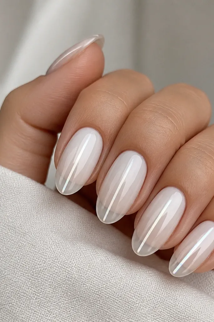 Five nails with a white ombre that fades to clear near the tips. A thin pearl chrome stripe runs straight down the center from mid-nail to the tip. Glossy finish with a soft reflective line.