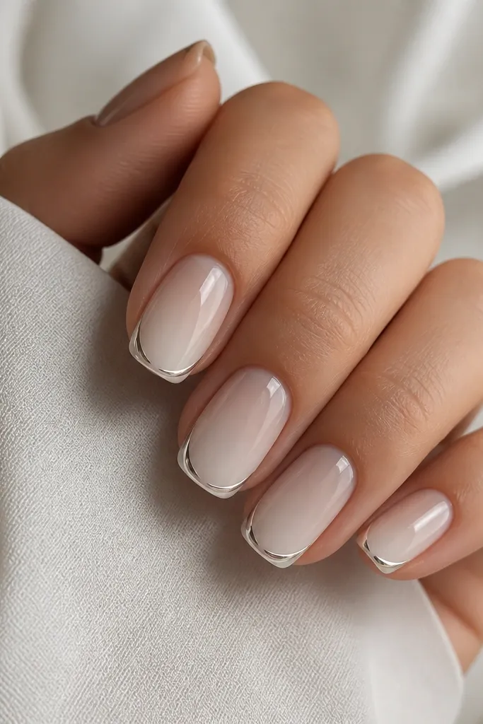 Medium nails with creamy white ombre. On each side near the tip, thin silver chrome glints sit like two tiny crescents. The middle remains soft and glossy with a smooth gradient.