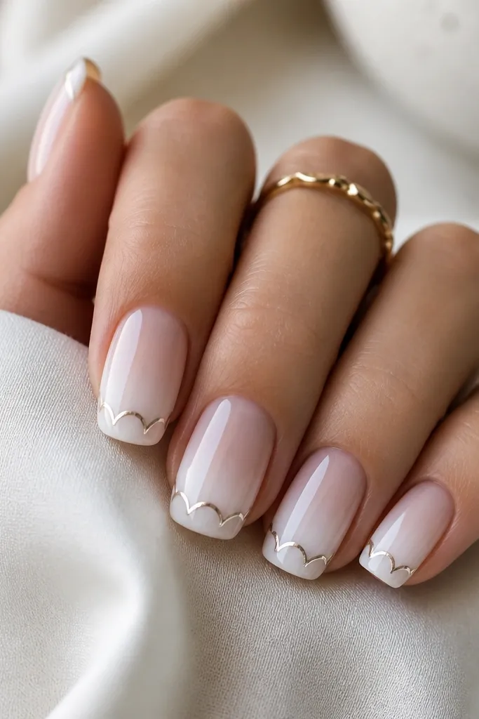 Squoval nails with a soft white ombre. At the tips, a scalloped silver chrome pattern repeats across each nail, like tiny arcs. Glossy finish makes the scallops look smooth.