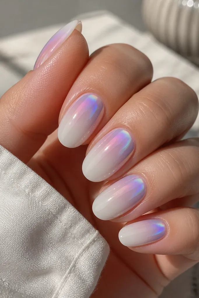Medium nails with a milky white ombre fading to clear. Near the cuticle, a soft iridescent chrome aura spreads outward like a halo, with colors shifting from pink to blue. Glossy finish.