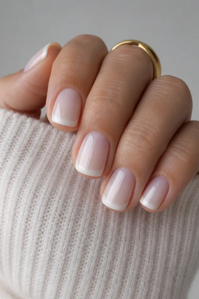 Short squoval nails with a creamy white ombre. Instead of a straight French tip, there is a pearl chrome French fade that starts thin near the center and gets slightly stronger toward the sides. Glossy finish.