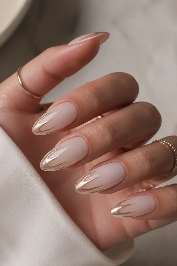 Almond nails with a milky white ombre fading to clear. Near the tips, a rose gold chrome drip effect appears as soft vertical streaks, not harsh lines. Glossy finish makes the drip look melted into the ombre.
