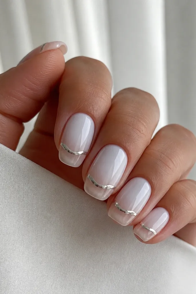 Medium nails with a smooth white ombre fading to clear. A single silver chrome waterline runs horizontally across each nail near the tip, like a shoreline. Glossy topcoat reflects light cleanly.