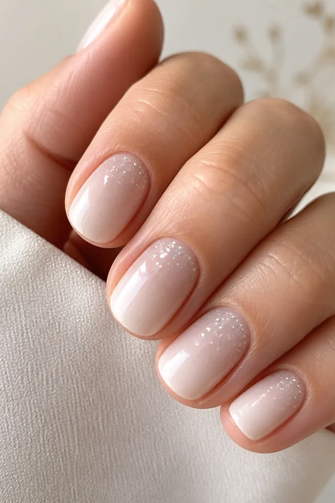 Short nails with a milky white ombre fading to clear. Over the top half, tiny frosted pearl chrome specks are sprinkled like light snow. Glossy topcoat keeps it smooth.