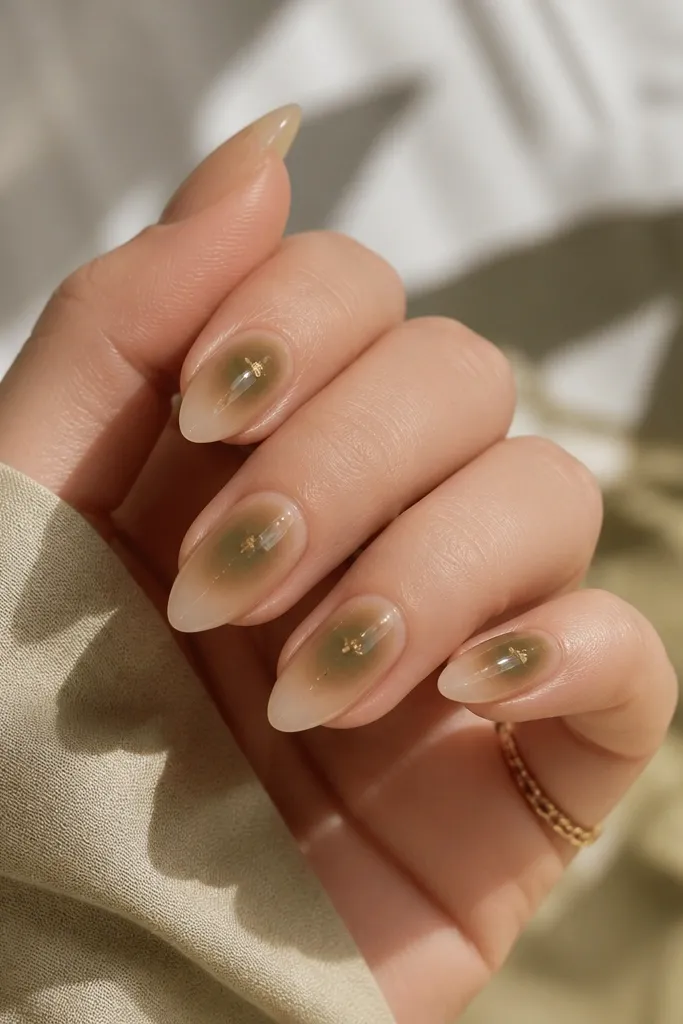 Short stiletto nails with a sheer nude base. Around the center, there's a soft olive-green aura bloom that fades outward. A few tiny gold specks sit near the aura edges.
