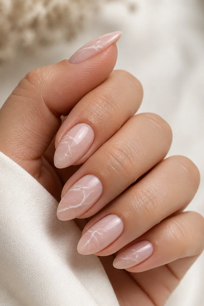 Short stiletto nails with a blush pink satin finish base. There are thin white and pale gray marble veins that run diagonally from near the cuticle to the lower half. The marble lines are fine and airy.