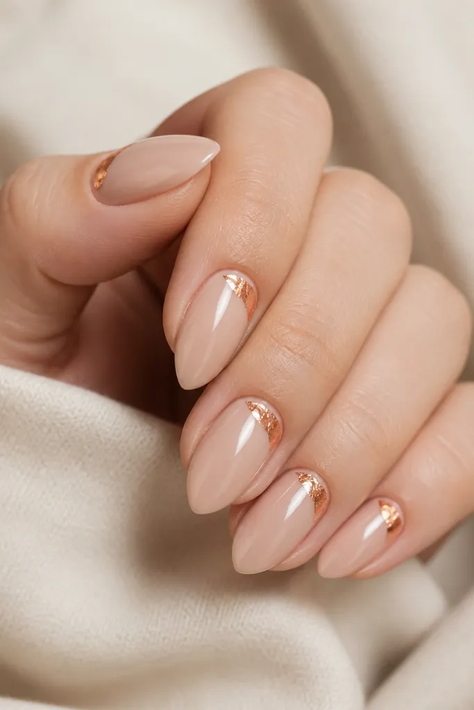 Short stiletto nails with a nude glossy base. At the upper corner near the sidewall and cuticle, there's a small irregular patch of copper foil. The rest of the nail is plain.