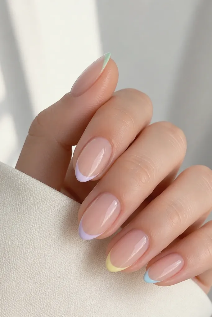 Short stiletto nails with a clear nude base. Each nail has a tiny pastel tip line, like a 1 mm arc at the point, in different colors: mint, lilac, butter yellow, and baby blue.