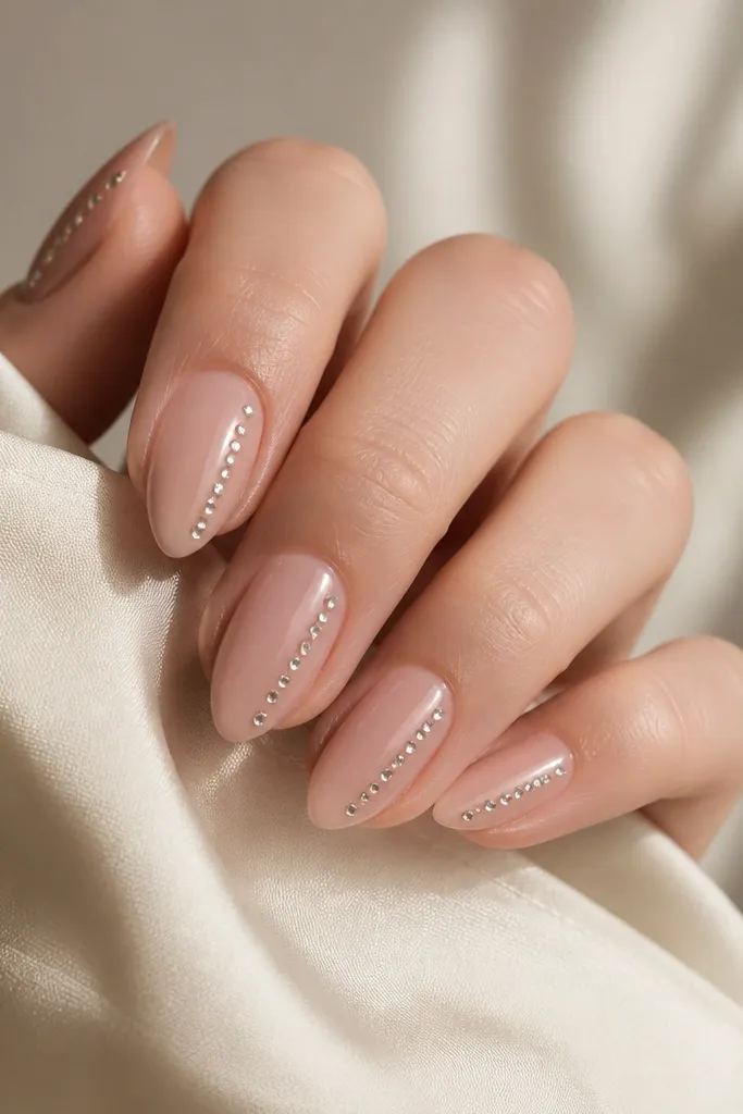 Short stiletto nails with a sheer pink base. A vertical line of tiny rhinestones sits along one sidewall, from just above the cuticle down to near the tip. The stones are evenly spaced and glossy.