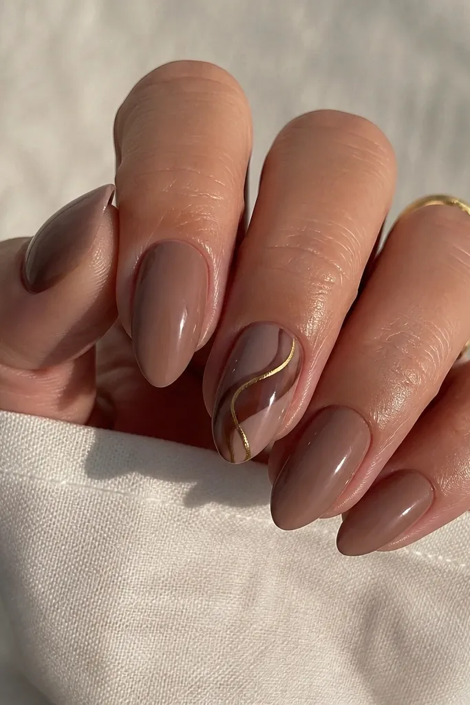 Short stiletto nails with a glossy nude-brown base. One nail shows a chocolate brown swirl across the center, and a thin gold line follows the swirl like thread. Other nails are solid nude-brown.