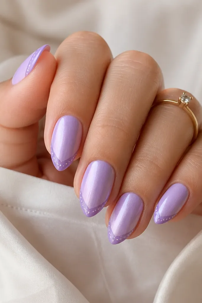 Short stiletto nails with a lavender satin base. A French tip in a slightly deeper lavender sits at the point area. Along the edge of the French tip is a tiny line of micro dots in white.
